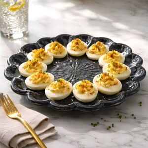 Elegant Dark Blue/Brown Pottery Deviled Egg Plate